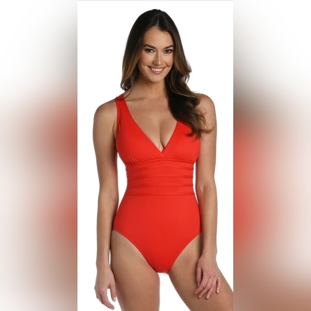 LA BLANCA Multi Strap Cross Back One Piece Cherry Red Sz. 14